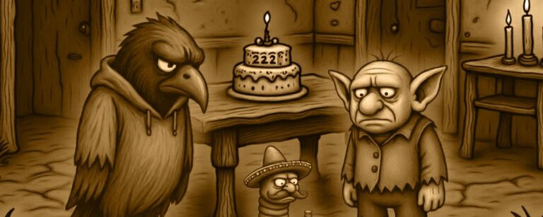 Finsterer Cartoon. Mit Crowbah, Grabhold und einem Gärtner-Wurm namens Pedro.