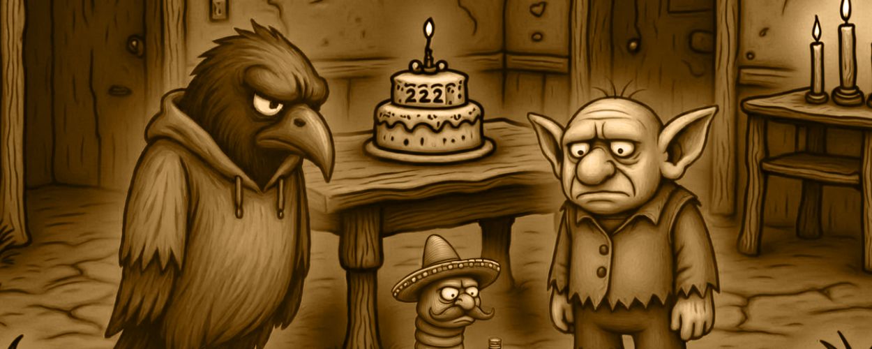 Finsterer Cartoon. Mit Crowbah, Grabhold und einem Gärtner-Wurm namens Pedro.