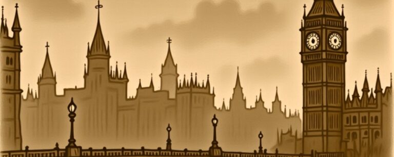 Sepiafarbener Comic: Londoom als düstere London-Parodie mit Brücke und Uhrturm. Crowbah trifft den Fuchsdetektiv Sharefox Homes im Mantel, der eine übergroße Lupe zückt und großspurig seine Geisterdetektiv-Künste ankündigt.