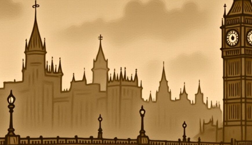 Sepiafarbener Comic: Londoom als düstere London-Parodie mit Brücke und Uhrturm. Crowbah trifft den Fuchsdetektiv Sharefox Homes im Mantel, der eine übergroße Lupe zückt und großspurig seine Geisterdetektiv-Künste ankündigt.