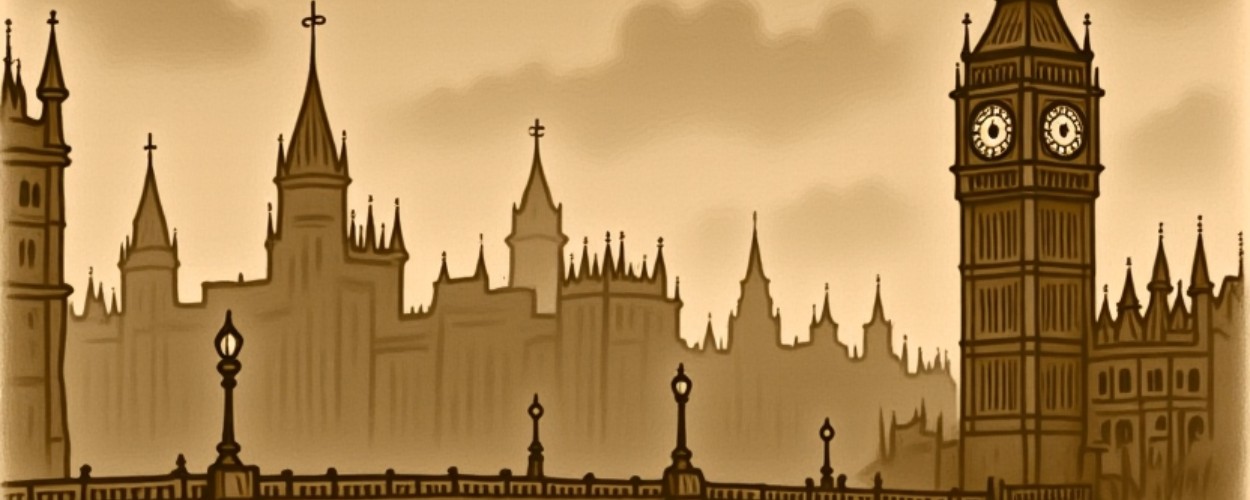 Sepiafarbener Comic: Londoom als düstere London-Parodie mit Brücke und Uhrturm. Crowbah trifft den Fuchsdetektiv Sharefox Homes im Mantel, der eine übergroße Lupe zückt und großspurig seine Geisterdetektiv-Künste ankündigt.