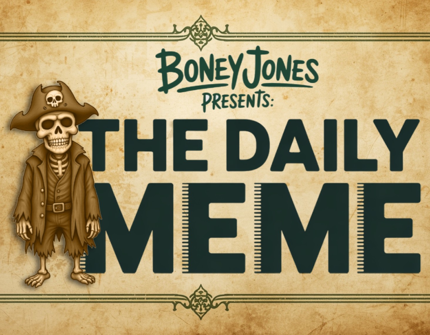 The Daily Meme. Boney Jones präsentiert die schrägsten Fantasy Memes. Untoter Pirat Cartoon steht für THE DAILY MEME Logo. 