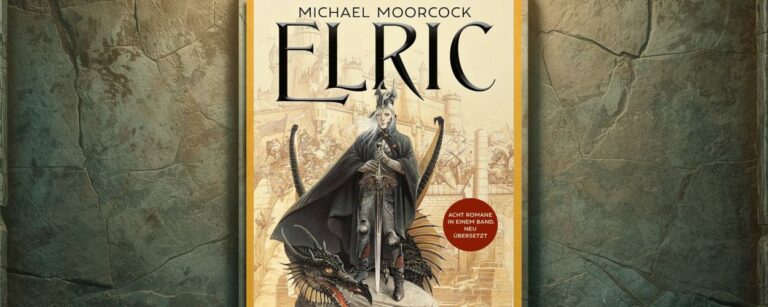 Cover der illustrierten Elric Gesamtausgabe von Michael Moorcock bei Fischer Tor, mit bleichem Albino Kaiser in schwarzem Mantel auf einem Drachenkopf vor melnibonischer Palastkulisse, als gerahmtes Bild an einer steinernen Wand präsentiert.