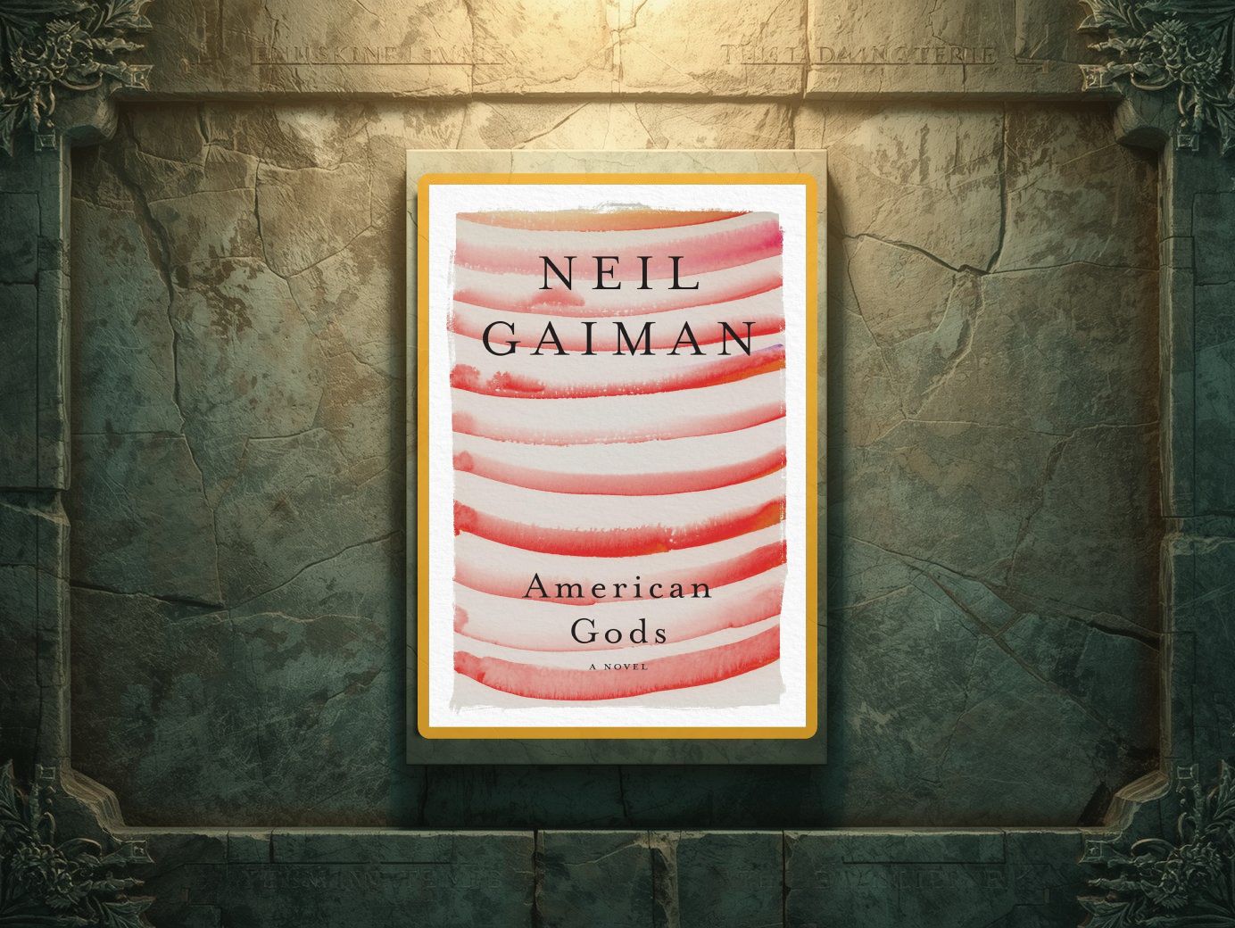 Buchcover von Neil Gaimans „American Gods“ mit abstrakten roten Pinselstreifen auf weißem Hintergrund, zentriert vor einer steinernen, tempelartigen Fantasywand präsentiert.