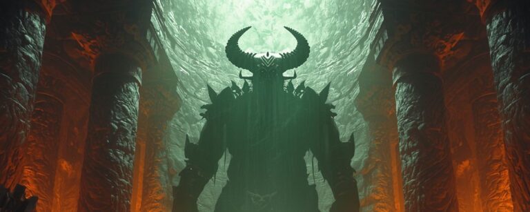 Krönung eines Zwergenkönigs in einer gewaltigen Felsenhalle, vor jubelnden Zwergen mit erhobenen Hämmern; über ihm zeichnet sich als gigantische, grün leuchtende Schatten-Silhouette ein gehörnter untoter Orkherrscher ab.