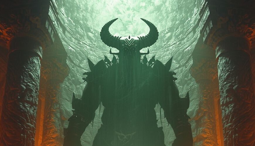 Krönung eines Zwergenkönigs in einer gewaltigen Felsenhalle, vor jubelnden Zwergen mit erhobenen Hämmern; über ihm zeichnet sich als gigantische, grün leuchtende Schatten-Silhouette ein gehörnter untoter Orkherrscher ab.