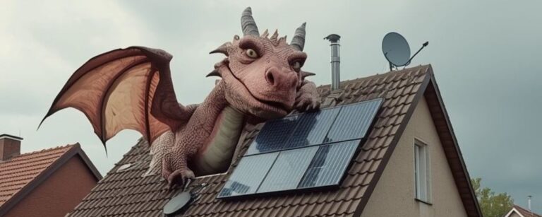 Meme: Ein Drache liegt auf dem Dach eines Vorstadt-Einfamilienhauses mit Solarpanels; Text: „Weil die wahre Hölle in der Vorstadt liegt“, „Das Haus vom Drachen“ und „RTLZWEI Wir können auch Fantasy“, dazu „fantasykosmos.de“.