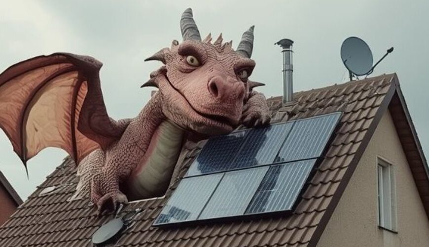 Meme: Ein Drache liegt auf dem Dach eines Vorstadt-Einfamilienhauses mit Solarpanels; Text: „Weil die wahre Hölle in der Vorstadt liegt“, „Das Haus vom Drachen“ und „RTLZWEI Wir können auch Fantasy“, dazu „fantasykosmos.de“.