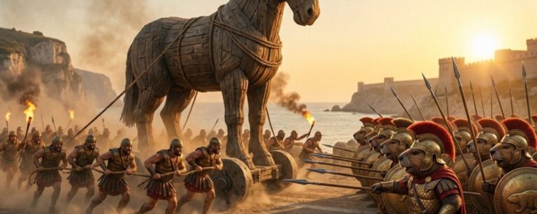 Meme: Ein riesiges hölzernes Trojanisches Pferd wird an den Strand gezogen; rechts steht eine römisch gerüstete Biber-Legion mit Speeren und Schilden bereit; Text verspricht „die Wahrheit über das Trojanische Pferd“.