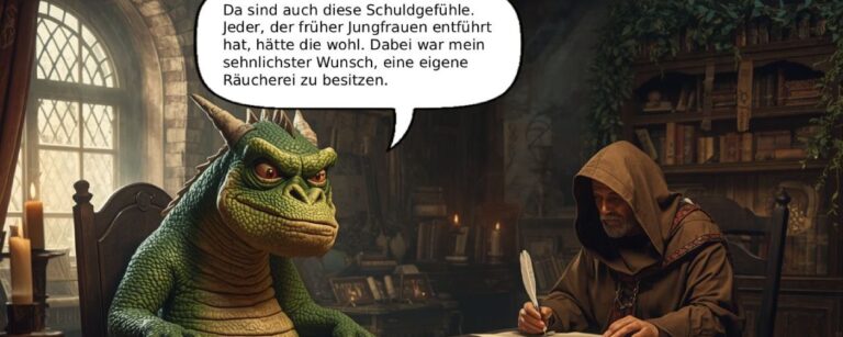 Fantasy-Meme: Ein grüner Drache sitzt in einer düsteren Therapiestube auf einem Stuhl, gegenüber schreibt ein vermummter Therapeut; Sprechblase über dem Drachen über Schuldgefühle und den Wunsch nach einer eigenen Räucherei; unten steht „Drachentherapie – Schuldgefühle und Räucherwaren“, dazu „fantasykosmos.de“.