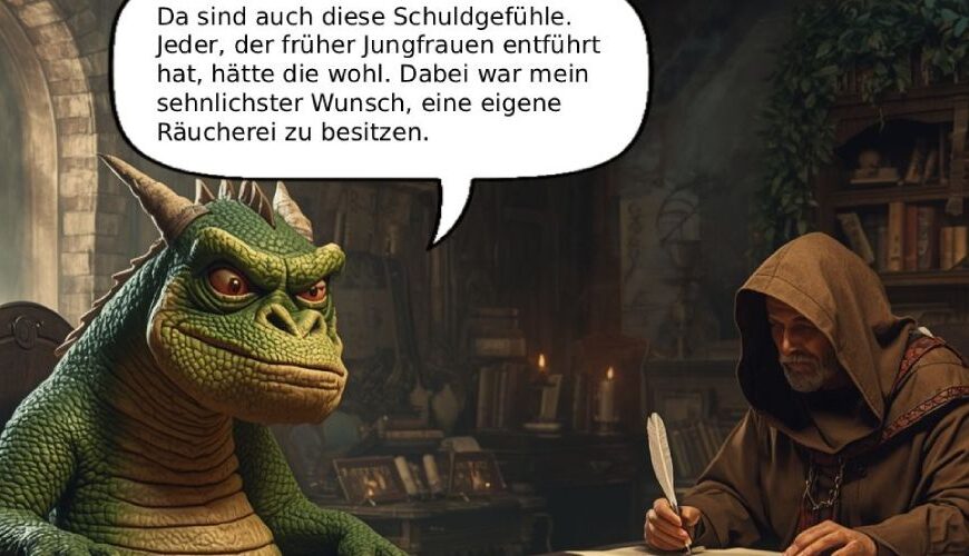 Fantasy-Meme: Ein grüner Drache sitzt in einer düsteren Therapiestube auf einem Stuhl, gegenüber schreibt ein vermummter Therapeut; Sprechblase über dem Drachen über Schuldgefühle und den Wunsch nach einer eigenen Räucherei; unten steht „Drachentherapie – Schuldgefühle und Räucherwaren“, dazu „fantasykosmos.de“.