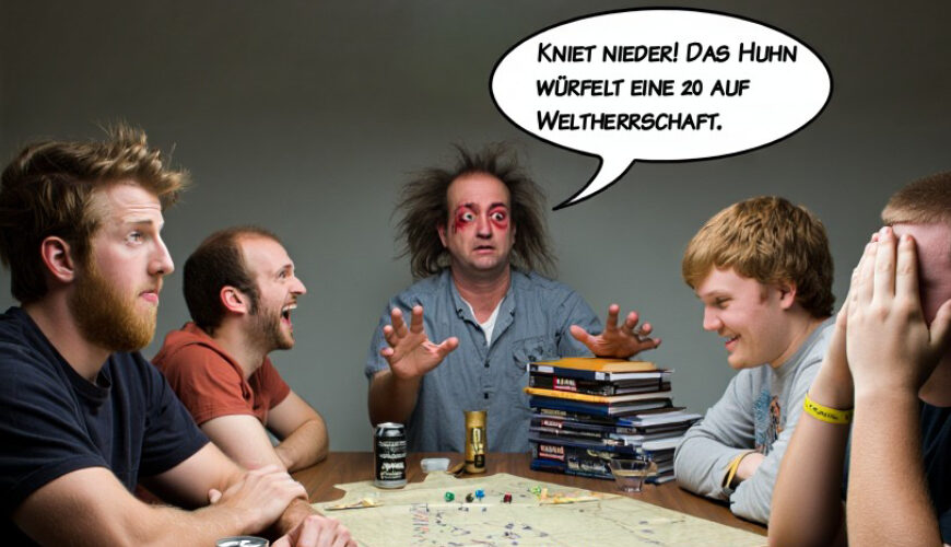 Meme: D&D-Spielrunde am Tisch, ein verwirrter Dungeon Master ruft per Sprechblase „Kniet nieder! Das Huhn würfelt eine 20 auf Weltherrschaft“, oben steht „Wenn der neue Dungeon Master eine epische Vollhupe ist“, unten „fantasykosmos.de“.