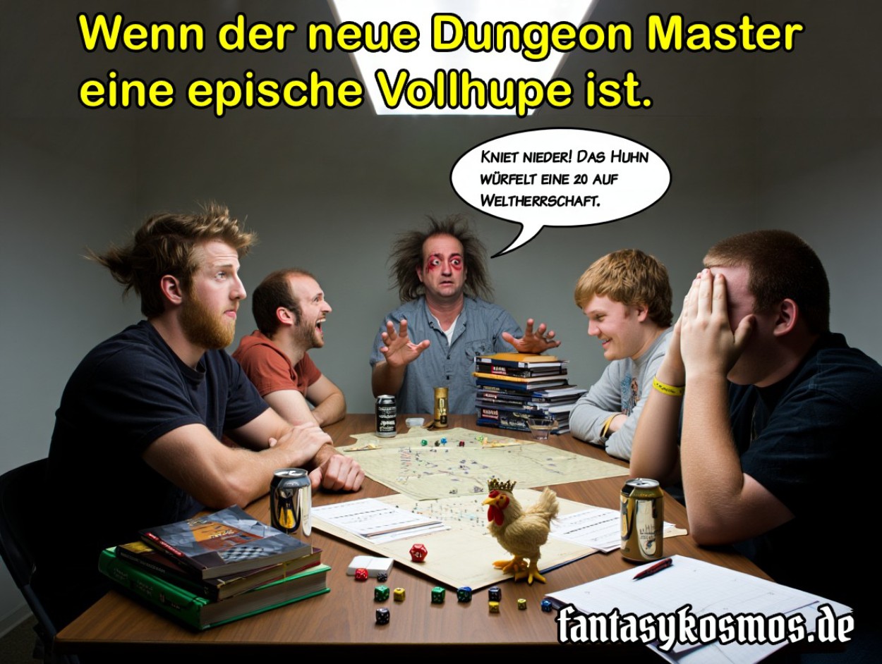 Meme: D&D-Spielrunde am Tisch, ein verwirrter Dungeon Master ruft per Sprechblase „Kniet nieder! Das Huhn würfelt eine 20 auf Weltherrschaft“, oben steht „Wenn der neue Dungeon Master eine epische Vollhupe ist“, unten „fantasykosmos.de“.