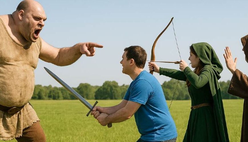 Fantasy-Meme: Auf einer Wiese brüllt ein riesiger Oger und zeigt mit dem Finger auf einen Mann im blauen T-Shirt, der ein Schwert hält; dahinter zielt eine Frau mit Bogen, daneben steht ein vermummter Magier mit erhobenen Händen; oben steht „MMORPG BE LIKE“, unten „fantasykosmos.de“.