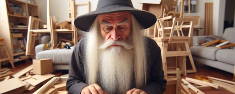 „Werbeparodie: ein alter Zauberer sitzt ratlos vor einer Möbelaufbau-Anleitung, umgeben von Holzteilen, Schrauben und Chaos, darüber der Slogan ‚Lebe legendär.‘ und unten das fiktive Möbelhaus-Logo MYSTEA.“