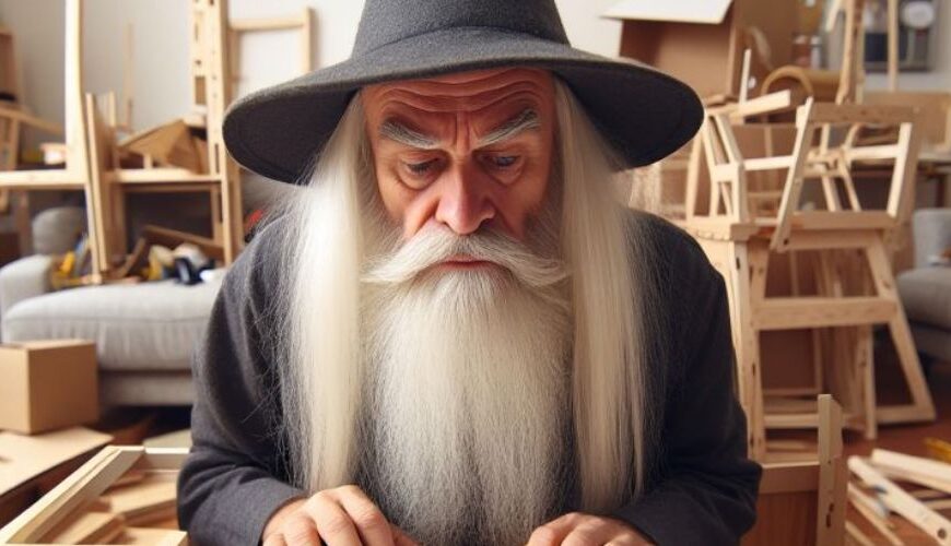 „Werbeparodie: ein alter Zauberer sitzt ratlos vor einer Möbelaufbau-Anleitung, umgeben von Holzteilen, Schrauben und Chaos, darüber der Slogan ‚Lebe legendär.‘ und unten das fiktive Möbelhaus-Logo MYSTEA.“