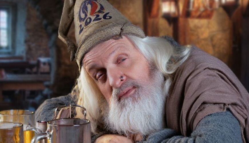 Fantasy-Meme: Ein müder Zauberer mit weißem Bart liegt in einer Taverne am Tisch neben mehreren Bierkrügen; oben steht „EIN JAHR VOLLER QUATSCH-QUESTS ÜBERLEBT.“, unten „SPEICHERN. SCHLAFEN. NEU LADEN.“, dazu der Schriftzug „fantasykosmos.de“.