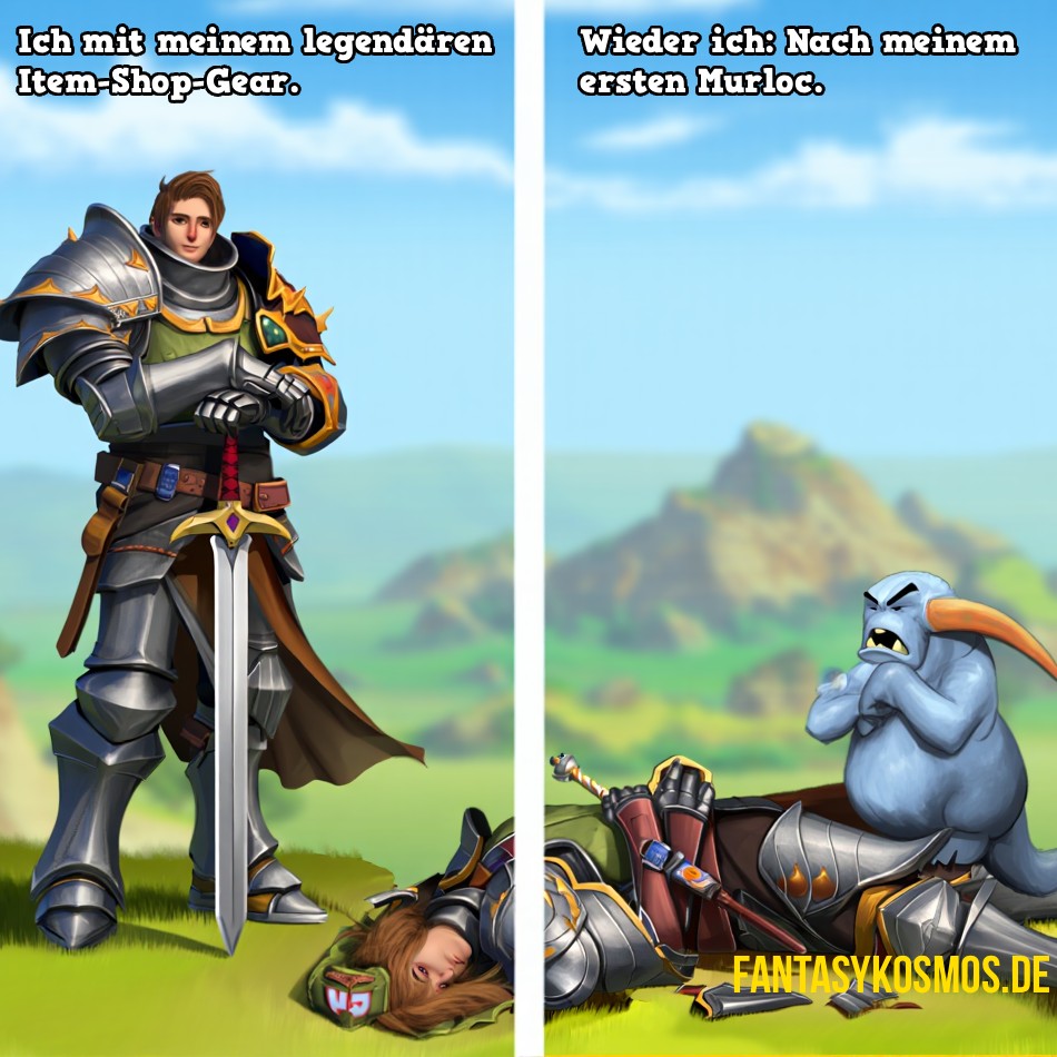 Meme: Links posiert ein Held in legendärer Rüstung, rechts liegt er besiegt neben einem wütenden Murloc – Text: Item-Shop-Gear vs. erster Murloc.