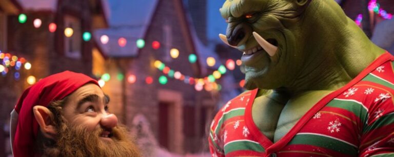 Meme: Ein Zwerg und ein Ork in rot-grünen Weihnachtspullovern stoßen mit heißen Getränken an; Text: „Möge zwischen allen Welten Frieden herrschen“ und „Und kann bitte jemand die Style-Polizei rufen?“, dazu „fantasykosmos.de“.