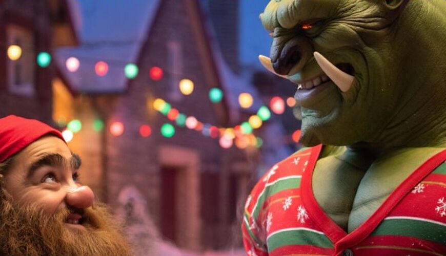 Meme: Ein Zwerg und ein Ork in rot-grünen Weihnachtspullovern stoßen mit heißen Getränken an; Text: „Möge zwischen allen Welten Frieden herrschen“ und „Und kann bitte jemand die Style-Polizei rufen?“, dazu „fantasykosmos.de“.