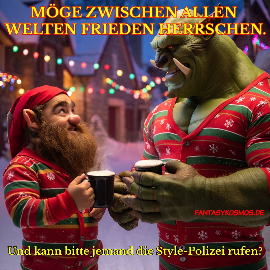 Meme: Ein Zwerg und ein Ork in rot-grünen Weihnachtspullovern stoßen mit heißen Getränken an; Text: „Möge zwischen allen Welten Frieden herrschen“ und „Und kann bitte jemand die Style-Polizei rufen?“, dazu „fantasykosmos.de“.
