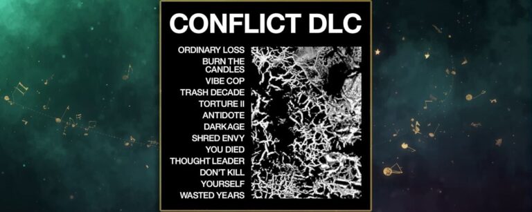 Albumcover HEALTH Conflict DLC: schwarzer Hintergrund mit großer weißer Überschrift, links eine weiße Tracklist, rechts ein quadratisches, schwarzweißes Hochkontrastbild wie verzweigte Adern oder Korallenstruktur.