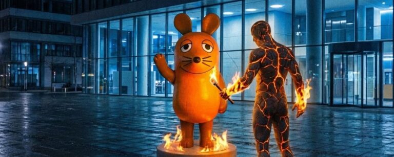 Nachts vor einem Glasgebäude zündet ein glühender Feueravatar mit brennender Fackel eine große orange Maus Statue an, oben links zeigt ein Zeitstempel das Bild als Überwachungskameraaufnahme.