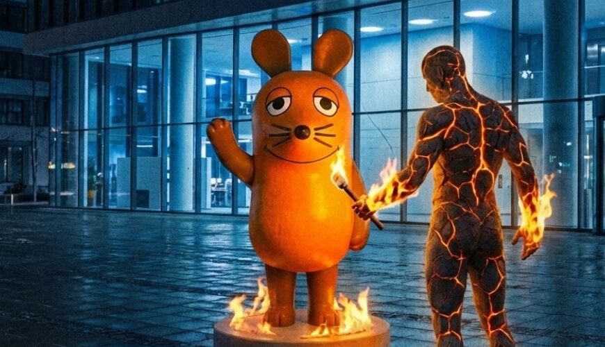 Nachts vor einem Glasgebäude zündet ein glühender Feueravatar mit brennender Fackel eine große orange Maus Statue an, oben links zeigt ein Zeitstempel das Bild als Überwachungskameraaufnahme.