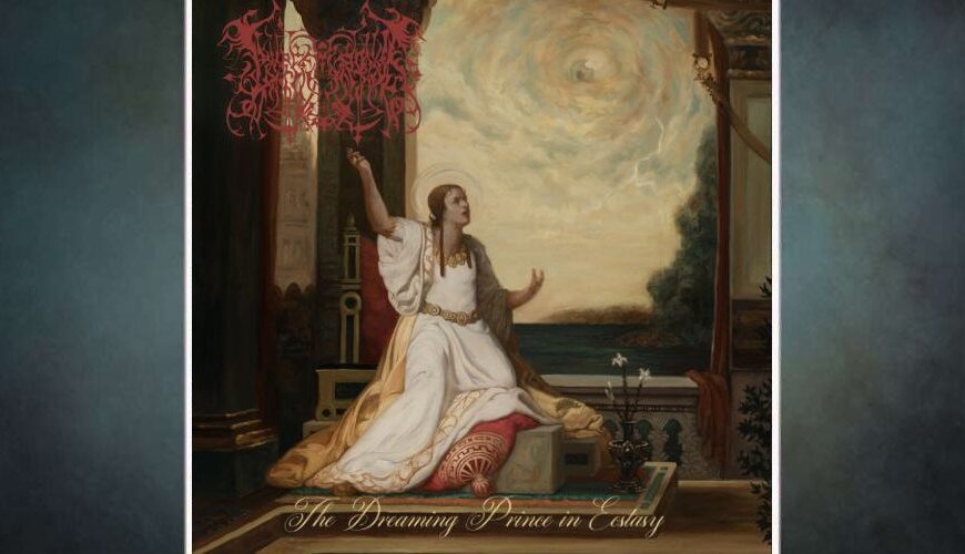 Albumcover Lamp Of Murmuur – The Dreaming Prince in Ecstasy: gemäldeartige Szene in warmen Farben, ein in weißes, golden verziertes Gewand gehüllter Prinz sitzt auf einem Podest vor offenem Säulenportal, die Hände zum Himmel erhoben. Über dem Meer am Horizont rotiert ein wirbelnder, wolkiger Lichtkreis mit Auge in der Mitte. Drumherum dunkle Vorhänge, Ornamente und eine rote, schwer lesbare Bandlogo-Grafik oben links.