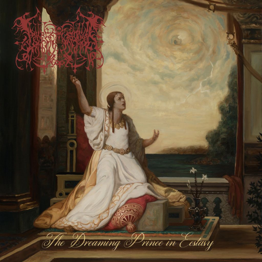 Albumcover Lamp Of Murmuur – The Dreaming Prince in Ecstasy: gemäldeartige Szene in warmen Farben, ein in weißes, golden verziertes Gewand gehüllter Prinz sitzt auf einem Podest vor offenem Säulenportal, die Hände zum Himmel erhoben. Über dem Meer am Horizont rotiert ein wirbelnder, wolkiger Lichtkreis mit Auge in der Mitte. Drumherum dunkle Vorhänge, Ornamente und eine rote, schwer lesbare Bandlogo-Grafik oben links.