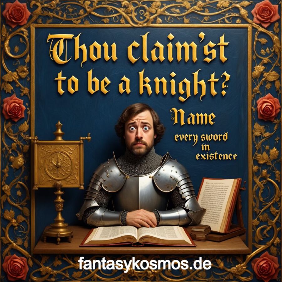 Meme mit dem Text „Thou claim’st to be a knight? Name every sword in existence“; ein verunsicherter Mann in Ritterrüstung sitzt an einem Tisch mit Büchern, unten steht „fantasykosmos.de“.