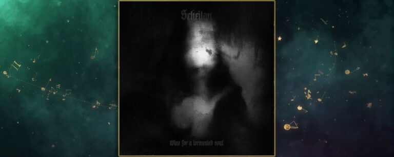 Albumcover Scheitan Wine for a tormented soul: verschwommenes Schwarzweiß-Porträt hinter nebliger/verschmierter Fläche, Bandlogo oben, Albumtitel unten, insgesamt düster und geisterhaft.