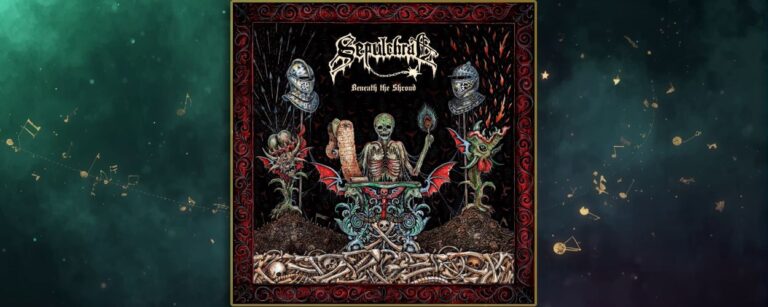 Albumcover Sepulchral Beneath The Shroud - skelettierte Gestalt auf einem Thron aus Knochen, liest von einer Schriftrolle und hält eine blau grün brennende Fackel, umgeben von rüstungsbehelmten Schädeln, dämonischen Pflanzen und Knochenbergen vor schwarzem Hintergrund mit rotem Rahmen