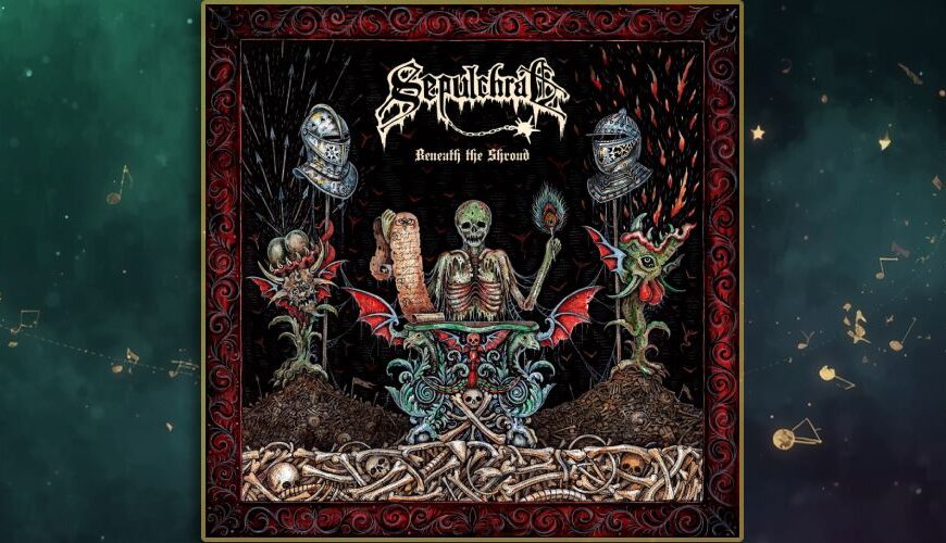 Albumcover Sepulchral Beneath The Shroud - skelettierte Gestalt auf einem Thron aus Knochen, liest von einer Schriftrolle und hält eine blau grün brennende Fackel, umgeben von rüstungsbehelmten Schädeln, dämonischen Pflanzen und Knochenbergen vor schwarzem Hintergrund mit rotem Rahmen