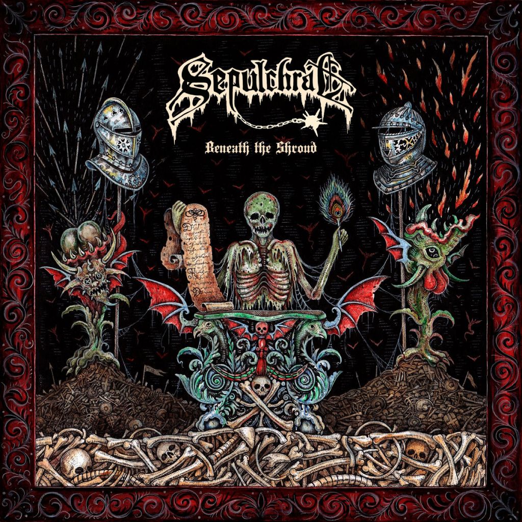 Albumcover Sepulchral Beneath The Shroud - skelettierte Gestalt auf einem Thron aus Knochen, liest von einer Schriftrolle und hält eine blau grün brennende Fackel, umgeben von rüstungsbehelmten Schädeln, dämonischen Pflanzen und Knochenbergen vor schwarzem Hintergrund mit rotem Rahmen