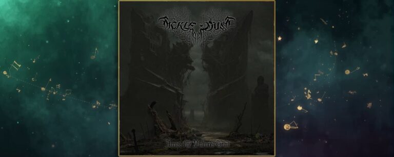 Albumcover Sickle of Dust Across the Vultures Trail: düstere Nebellandschaft mit zwei gewaltigen, felsenartigen Gestalten, die sich wie Klippen gegenüberstehen, dazwischen ein schmaler Pfad; rechts eine kleine, verhüllte Person, unten der Albumtitel.