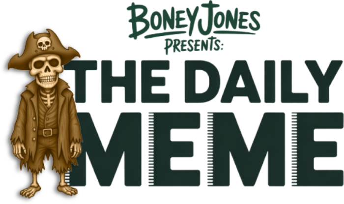 The Daily Meme. Boney Jones präsentiert die schrägsten Fantasy Memes. Untoter Pirat Cartoon steht für THE DAILY MEME Logo.