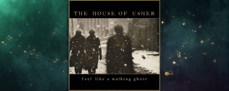 Albumcover The House Of Usher Feel like a Walking Ghost: unscharfe Winterstraßenszene in Sepia-Schwarzweiß, Schneefall, vorn eine schemenhafte Person, links zwei weitere Gestalten; oben Bandname, unten Albumtitel.