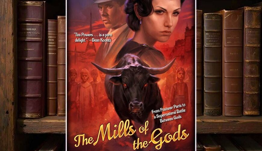 Cover von »The Mills of the Gods«: Vor einem rot getönten Paris mit Eiffelturm blicken eine dunkelhaarige Frau und ein Mann mit Schiebermütze ernst nach vorn, im Vordergrund steht ein schwarzer Stier mit glühend roten Augen, im Hintergrund schemenhafte Kinder und Kultfiguren.