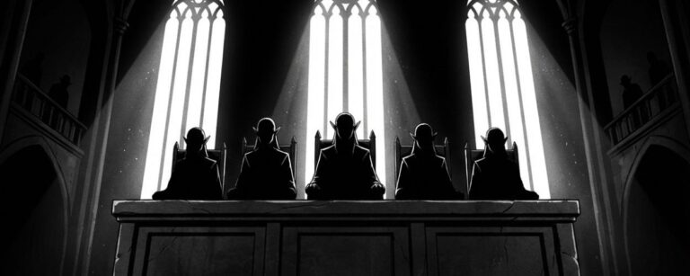 Ein einsamer Ork sitzt auf einem Stuhl vor einem erhöhten elbischen Richtergremium in einer düsteren Halle, schwarzweiße Illustration im kafkaesken Fantasy-Stil.