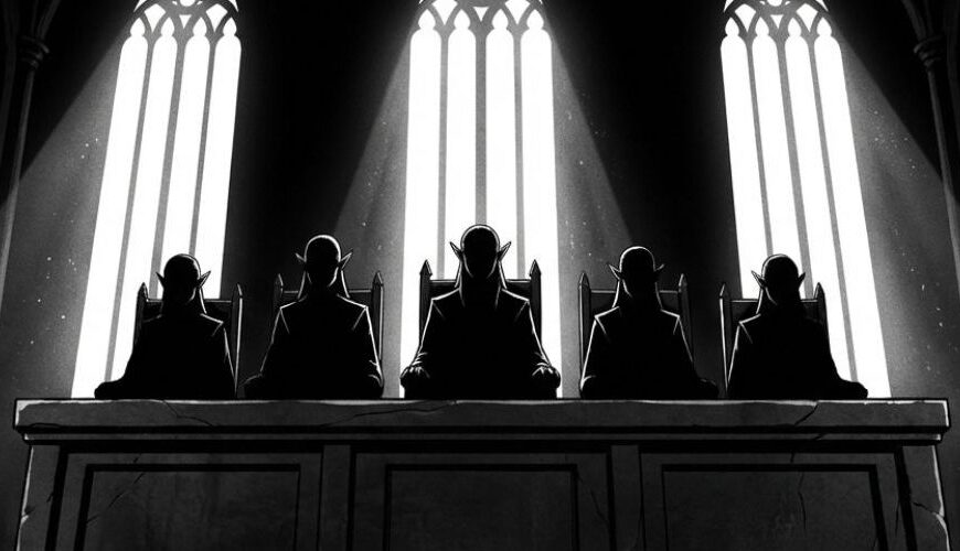 Ein einsamer Ork sitzt auf einem Stuhl vor einem erhöhten elbischen Richtergremium in einer düsteren Halle, schwarzweiße Illustration im kafkaesken Fantasy-Stil.