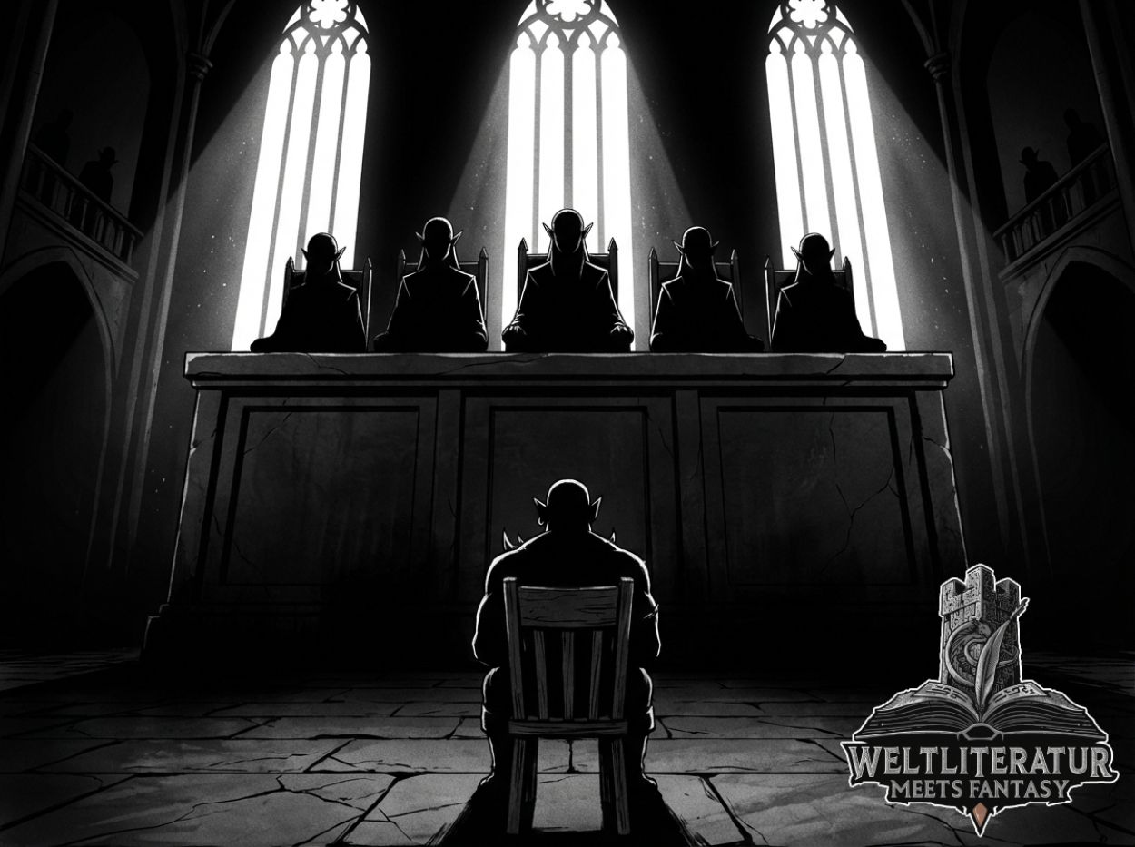 Ein einsamer Ork sitzt vor einem erhöhten elbischen Richtergremium in einer düsteren Halle, dazu unten rechts das Logo Weltliteratur meets Fantasy.