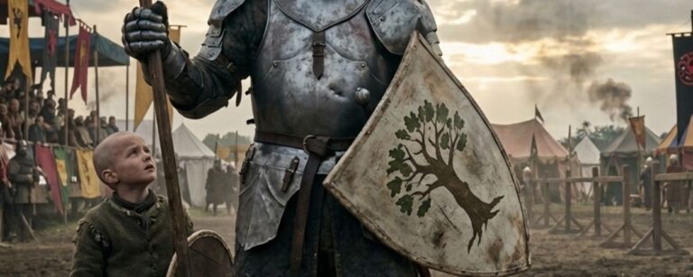 Ein hochgewachsener Ritter in abgenutzter Rüstung steht mit Lanze und Schild auf einem schlammigen Turnierfeld, neben ihm blickt ein kahlköpfiger Junge als Knappe zu ihm auf, im Hintergrund Zuschauer und bunte Banner.