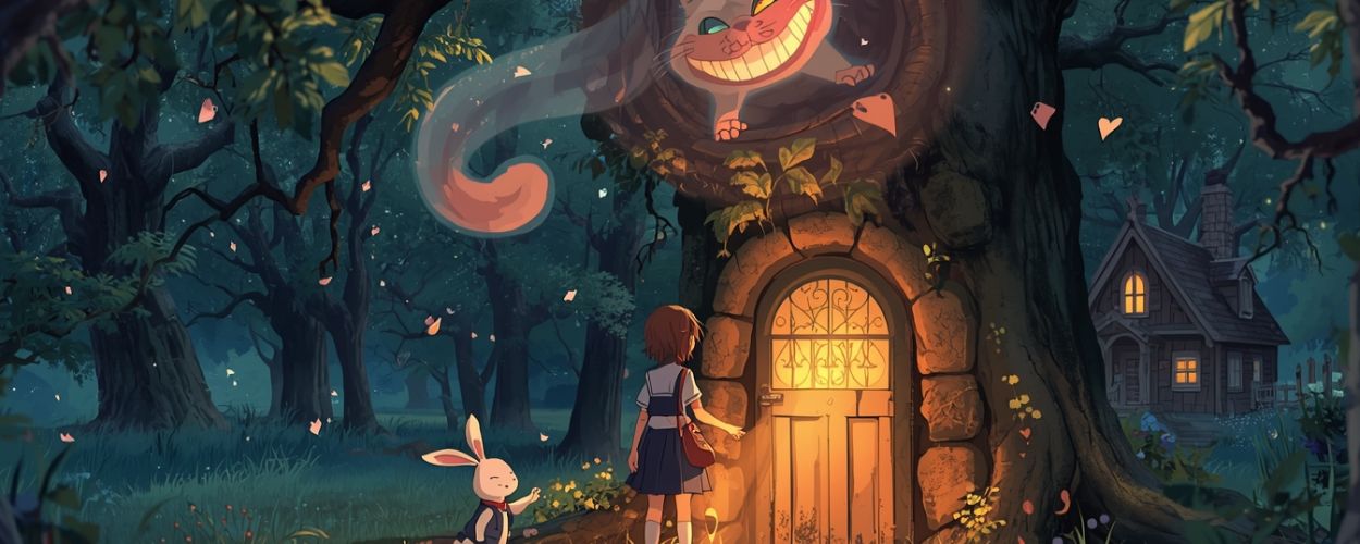 Anime-Szene in einem nächtlichen Wald: Ein Mädchen in Schuluniform steht vor einer leuchtenden Tür im Stamm eines riesigen Baums, neben ihr sitzt ein weißes Kaninchen und über der Tür erscheint die grinsende Grinsekatze, im Hintergrund ein kleines Holzhaus mit warmen Fenstern.