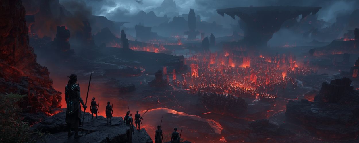 Na’vi-Krieger stehen auf einem Felsvorsprung über einem gewaltigen vulkanischen Schlachtfeld, auf dem eine Armee in glutroter Lava und Rauchlagern aufmarschiert.