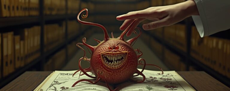 In einem Archiv beugt sich eine Hand im weißen Kittel über ein aufgeschlagenes Pflanzenbuch, aus der Seite wächst eine runde rote Knospe mit wirren Ranken und einem dumm grinsenden Maul voller messerscharfer Zähne.