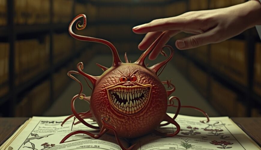 In einem Archiv beugt sich eine Hand im weißen Kittel über ein aufgeschlagenes Pflanzenbuch, aus der Seite wächst eine runde rote Knospe mit wirren Ranken und einem dumm grinsenden Maul voller messerscharfer Zähne.