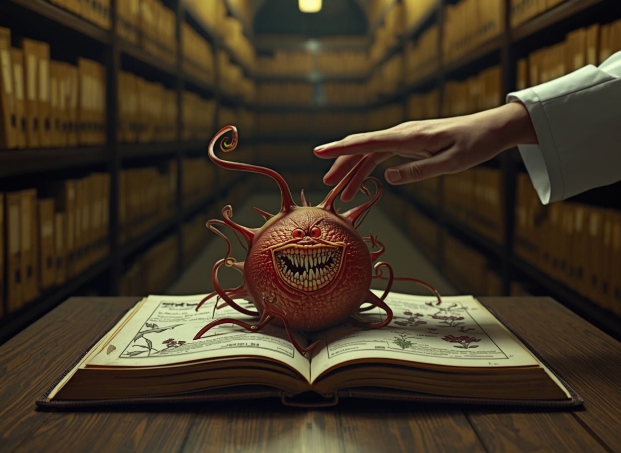 In einem Archiv beugt sich eine Hand im weißen Kittel über ein aufgeschlagenes Pflanzenbuch, aus der Seite wächst eine runde rote Knospe mit wirren Ranken und einem dumm grinsenden Maul voller messerscharfer Zähne.