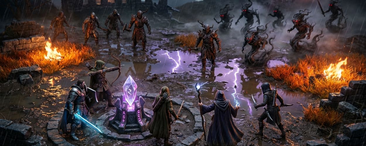 Auf einem verregneten Schlachtfeld stehen fünf Fantasy-Helden im Kreis um einen leuchtenden Kristall, während aus den Ruinen ringsum dämonische Gegner mit roten Augen auf sie zustürmen, Blitze zucken durch Pfützen und Feuer lodert im Hintergrund – Symbolbild für das Dark-Fantasy-Taktikspiel Blightstone.