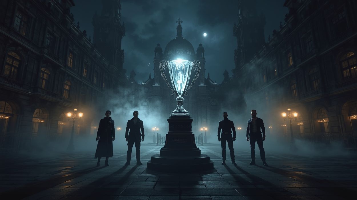 Clair Obscur GOTY 2025 Trophäe leuchtet auf einem dunklen Belle-Époque-Platz in Expedition 33.